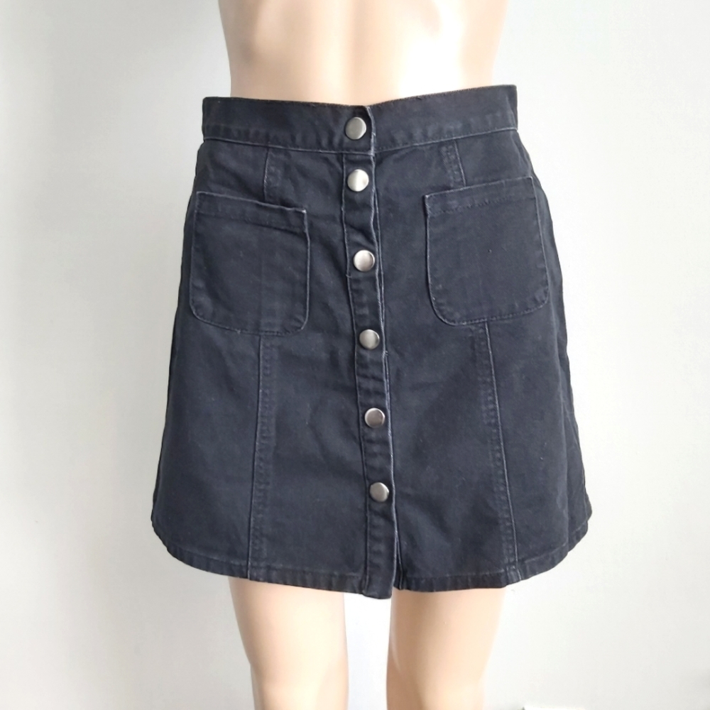 BDG black denim jean mini skirt button down A line